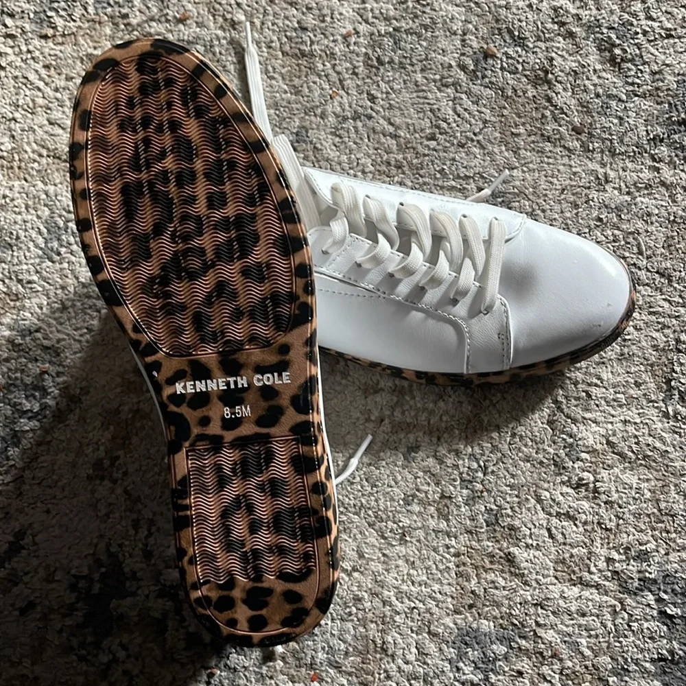 Kenneth Cole white leather lace up sneakers with animal print bottoms. - Picture 3 of 7